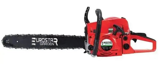 Motosega 49,2cc Garden Pro con lama da 50 cm, design rosso e nero, ideale per lavori di giardinaggio e taglio legna. Potenza 2,0 Kw con lubrificazione automatica.