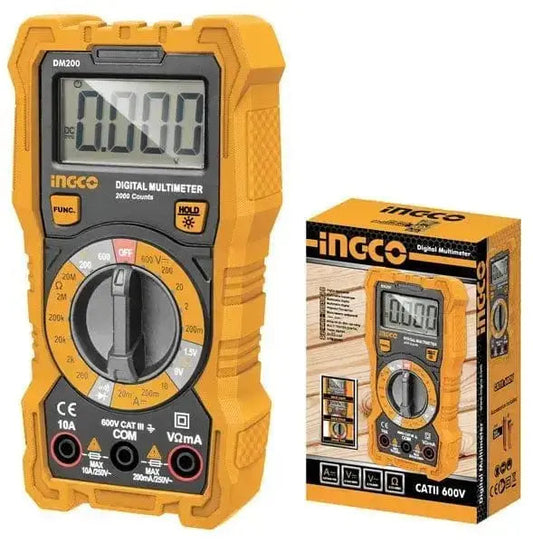 Multimetro digitale tascabile Ingco DM200 con display LCD retroilluminato, selettore rotativo e confezione originale, ideale per elettricisti.