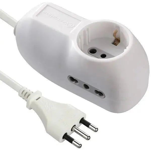 Multipresa 2Bipasso+1Schuko Bipasso bianca con 3 posti, 1 presa schuko e 2 bipasso 10/16A, dotata di cavo da 1 metro per uso domestico.
