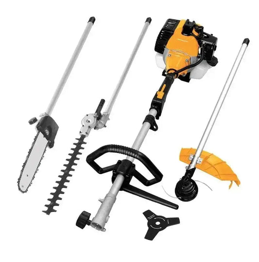 Multiutensile a scoppio giardinaggio 1hp INGCO con motore 52cc, accessoriato con lama a tre denti, sega a catena e tagliasiepi. Ideale per taglio erba e arbusti.