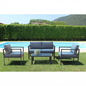 Salotto 2 posti in alluminio con cuscini, dimensioni 126x70x64 cm