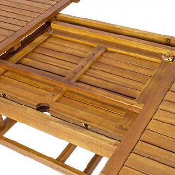 Tavolo da giardino ovale in legno di acacia massiccio con piano allungabile, struttura resistente e facile da pulire, con dettaglio del meccanismo di apertura