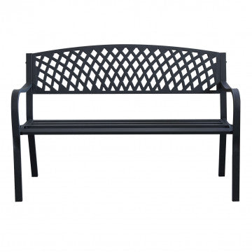 Panchina in acciaio verniciato antracite con schienale decorativo a motivo a losanga, struttura resistente e comoda per esterni, dimensioni 128x56x85 cm