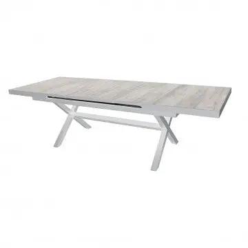 Tavolo Djerba 200/260 x 100 cm con struttura in alluminio bianco e piano in ceramica effetto legno chiaro, ideale per giardini.