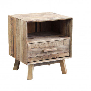 Comodino in legno di pino riciclato con cassetto e ripiano