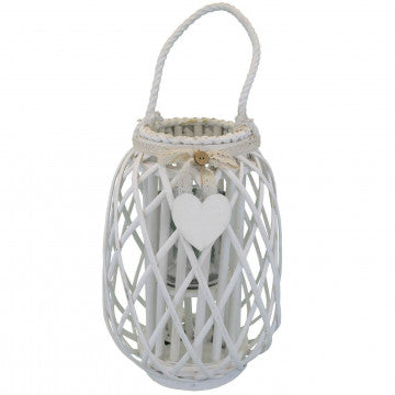 Lanterna in vimini bianco e vetro con decoro a cuore - Tre misure