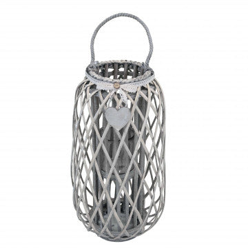 Lanterna in vimini grigio e vetro con decoro a cuore, altezza 76 cm