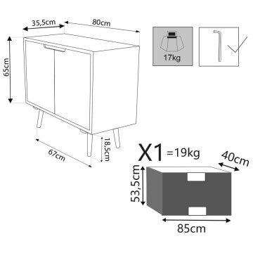 Mobiletto due ante struttura MDF gambe pino top naturale 80x35,5x66,8 cm