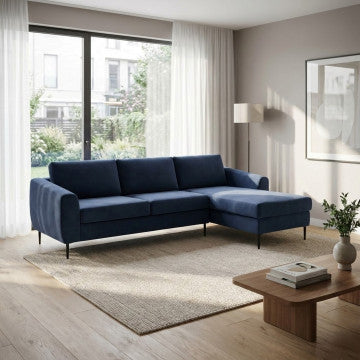 Divano con chaise longue in tessuto blu, gambe in metallo