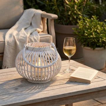 Lanterna in vimini bianco e vetro, diametro 24 cm, altezza 19 cm