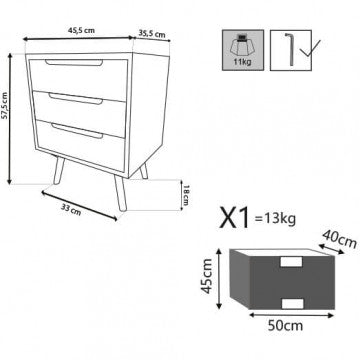 Cassettiera con struttura MDF, gambe in pino e 3 cassetti colorati