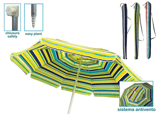 Ombrellone mare con struttura in alluminio e tessuto a righe colorate gialle, blu e verdi, sistema antivento e facile da montare, SKU: OMB-7004P