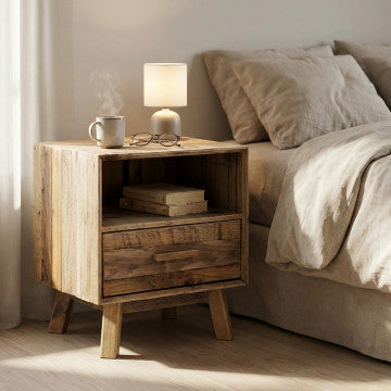 Comodino in legno di pino riciclato con cassetto e ripiano