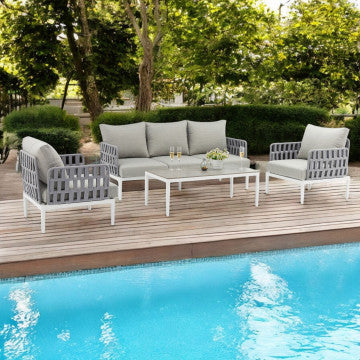 Salotto 3 pezzi struttura alluminio corda PVC cuscini poliestere