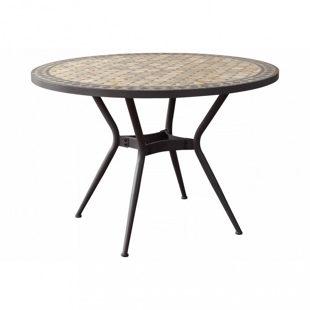 Tavolo da esterno rotondo con piano in mosaico beige e antracite, struttura in ferro verniciato nero, ideale per giardini e terrazzi