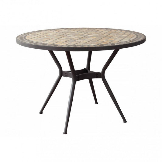 Tavolo da esterno rotondo con piano in mosaico beige e antracite, struttura in ferro verniciato nero, ideale per giardini e terrazzi