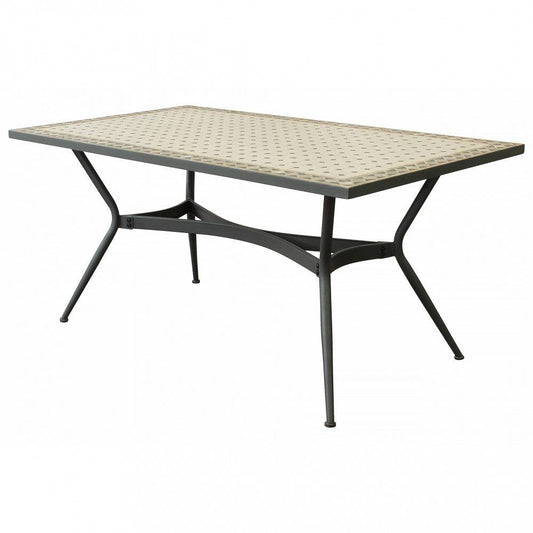 Tavolo da giardino con piano in mosaico beige e struttura in ferro antracite, forma rettangolare, ideale per spazi esterni, SKU: FE802617