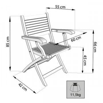 Schema tecnico della Poltrona Pieghevole Mirage con braccioli, con misure dettagliate: 42x60x85 cm e peso 11,5 kg.