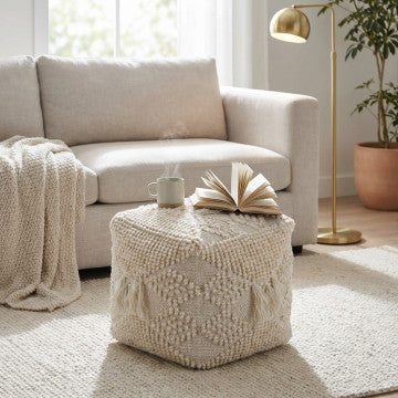 Pouf quadrato in cotone e lana, 40x40x40 cm, colore bianco avorio