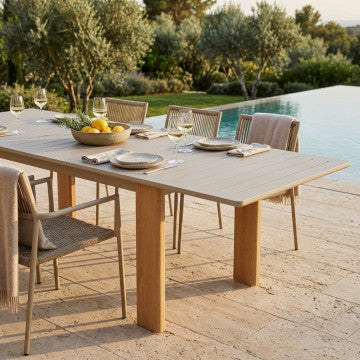 Tavolo alluminio verniciato grigio con gambe effetto legno 233-296x100x76 cm