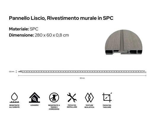 Dettaglio del pannello murale SPC liscia in legno Rovere, con profilo di installazione e caratteristiche di resistenza all'umidità e alle corrosioni.