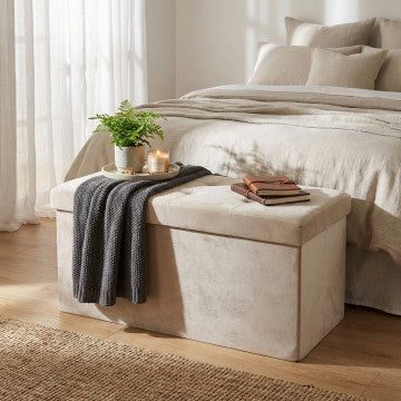 Pouf contenitore rettangolare in velluto beige 76x38x38 cm