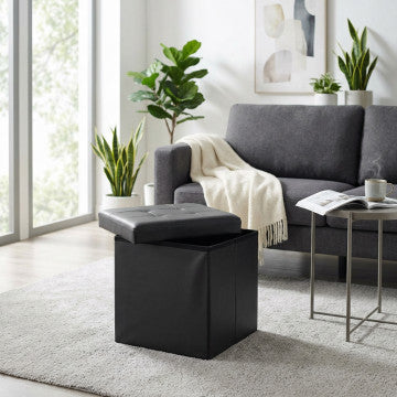 Pouf contenitore quadrato in ecopelle nero 38x38x38 cm