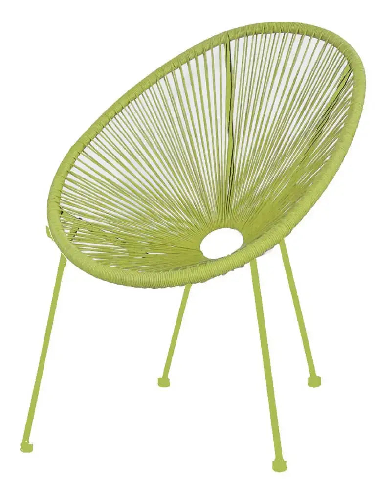 Poltrona Alba con intreccio in PE verde e struttura in metallo, ideale per arredo giardino moderno. Design ergonomico e resistente per esterni.