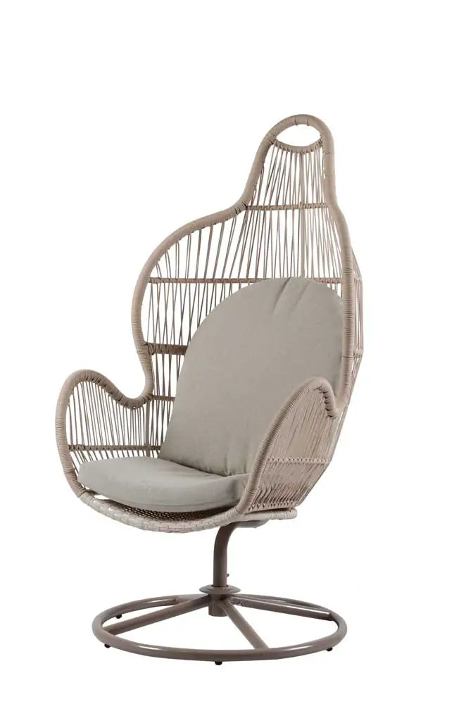 Poltrona da giardino in rattan sintetico beige con cuscino imbottito, struttura girevole a 360° e design ergonomico, ideale per esterni.
