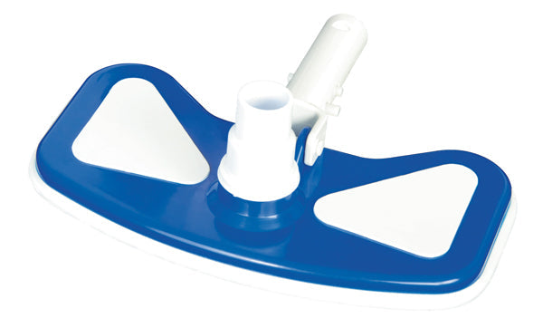 Aspiratore per la pulizia del fondo della piscina in plastica blu e bianca, compatibile con aste da 30mm, ideale per una pulizia efficace.