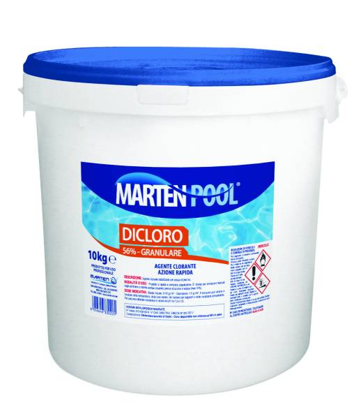 Secchio bianco con etichetta blu e rossa, contenente Dicloro Granulare 56% disinfettante per piscine, materiale plastico, uso esterno, SKU: PP-POOL-004