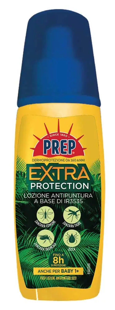 Spray repellente antipuntura PREP Extra Protection in bottiglia gialla con spray blu, protezione efficace contro zanzare e zecche, adatto ai bambini 1+