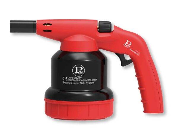 Saldatore professionale piezoelettrico in metallo Helfire con impugnatura ergonomica rossa e sistema di sicurezza brevettato.