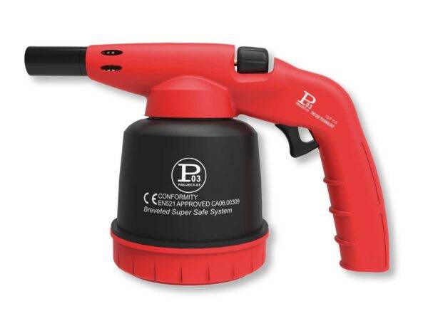 Saldatore piezoelettrico professionale Helfire con corpo in plastica rosso e sistema di sicurezza brevettato, ideale per lavori di saldatura.