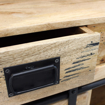 Mobile in legno di mango con anta scorrevole, 2 ripiani e 2 cassetti