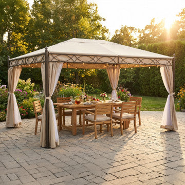 Gazebo 3x4 metri telo poliestere beige 200-160 gr, struttura acciaio verniciato nero
