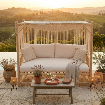 Gazebo letto in teak con cuscini, 236x134x188 cm, colore marrone chiaro