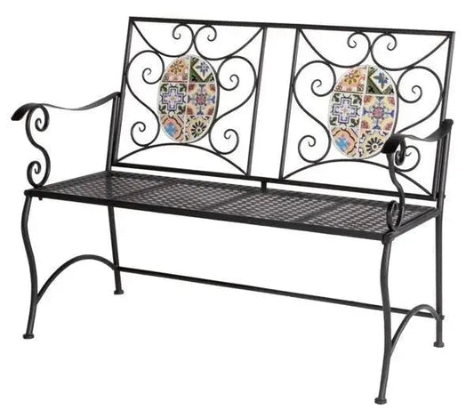 Panchina in ferro con decoro in ceramica flower, design mosaico elegante. Ideale per giardini e spazi esterni, dimensioni 107x43x90 cm.