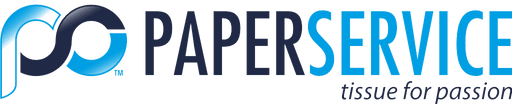 Logo grafico di Paper Service con scritta blu e slogan 'tissue for passion', rappresenta il fornitore di prodotti per la casa.