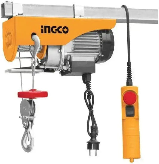 Paranco elettrico 900W Ingco con cavo e gancio di sollevamento, telecomando con pulsante d'emergenza per carichi fino a 500 kg.