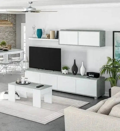 Parete attrezzata moderna bianca e cemento con mobile TV a 4 ante, pensile e mensola in soggiorno elegante. Dimensioni 200x43x41 cm.