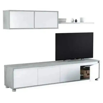 Parete attrezzata bianca e cemento con mobile TV a 4 ante, pensile e mensola, ideale per soggiorni moderni. Dimensioni 200x43x41 cm.