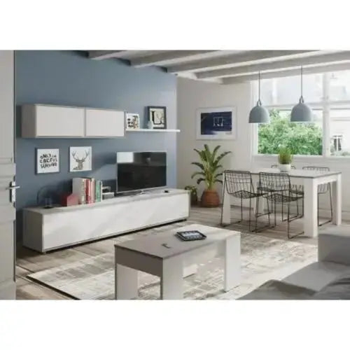 Parete attrezzata bianca e cemento in soggiorno moderno con mobile TV, pensile e mensola, perfetta per arredare con stile. Dimensioni 200x43x41 cm.