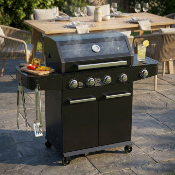 Barbecue 4 fuochi con griglia scaldavivande, acciaio verniciato nero