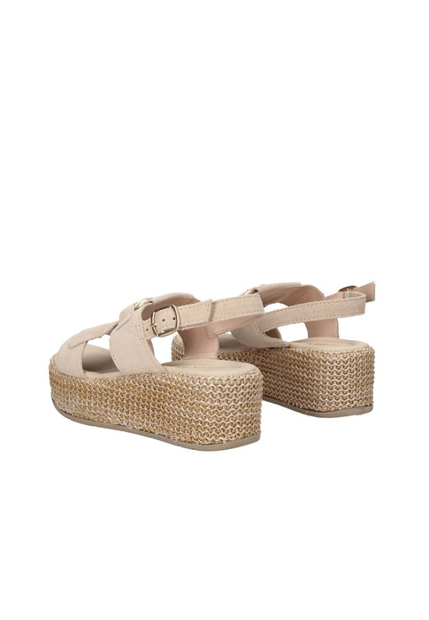 Sandalo Imma In Camoscio Con Chiusura A Cinturino Alla Caviglia Frangia Sottopiede In Pelle Fodera In Raffia 6cm