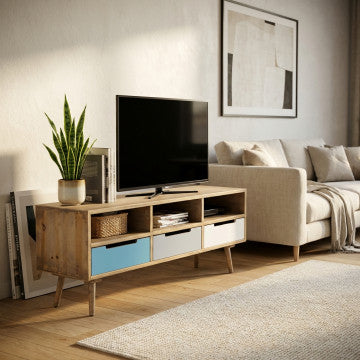 Porta TV MDF con gambe legno pino, 3 ripiani 3 cassetti, 120x35,5x29,5 cm