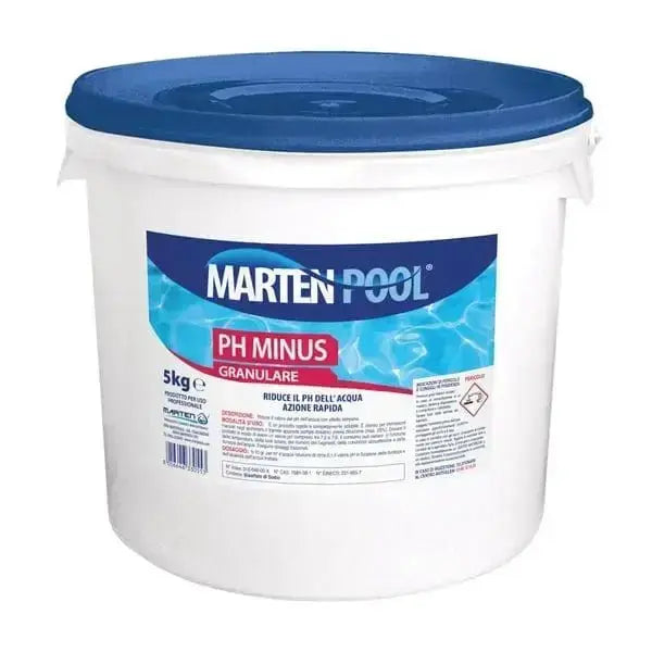 PH Minus 5 kg granulare Marten Pool, correttore per ridurre il PH dell'acqua in piscine, confezione bianca con coperchio blu.