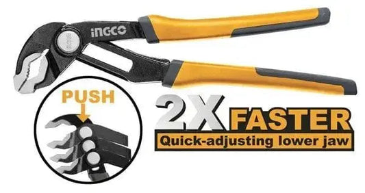 Pinza regolazione rapida 250mm industrial Ingco con ganasce regolabili e impugnatura ergonomica gialla e nera, ideale per uso industriale.