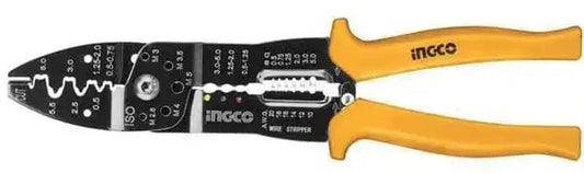 Pinza spellacavi 250mm INGCO con impugnatura ergonomica gialla, ideale per tagliare, spellare e crimpare fili elettrici con precisione.