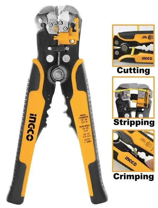 Pinza spellafili automatica multifunzione 3 in 1 Ingco con impugnatura ergonomica, ideale per taglio, spelatura e aggraffatura cavi da 0,2 a 6 mm.